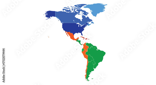 Gradient Americas map, showcasing the diverse countries through varying color schemes, highlighting geographical relationships between north,