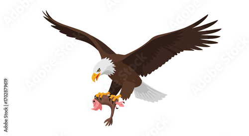 Majestic bald eagle soars through the skies clutching its prey a whimsical cartoon representation capturing power and contrast in nature