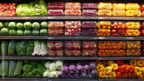 Fototapeta Naklejka Na Ścianę i Meble -  Fresh fruits and vegetables neatly arranged on supermarket shelves in an indoor grocery store