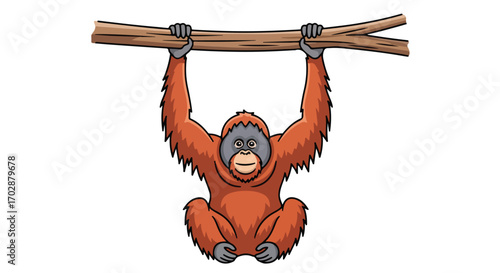 Whimsical orangutan illustration dangling from a branch with cheerful expression isolated on a white backdrop showcasing primate strength and jungle