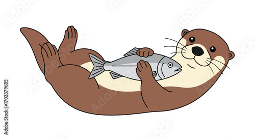 Charming otter holding a silver fish cartoon illustration with soft earthy tones, playful innocence and inviting simplicity in vector graphics
