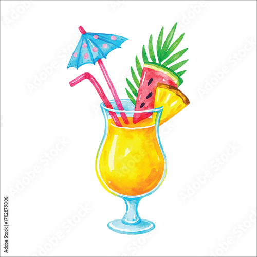 Watercolor Tropical Cocktail with Watermelon, Pineapple, and Umbrella