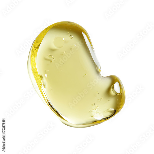 A light yellow, viscous liquid, in a freeform,  oval shape,  with bubbles