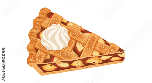 Delicious slice of apple pie with creamy topping, a delightful and heartwarming dessert illustration, featuring a lattice crust and vibrant colors