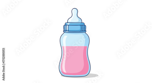 Illustration of a baby bottle filled with pink liquid, symbolizing nourishment and care for infants and newborns needs and childhood, simple design