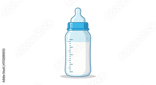 Isolated cartoon illustration depicting a filled baby bottle with measurement markings and blue accents on a plain white backdrop