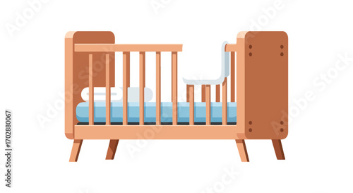 Stylized baby crib with soft bedding vector illustration showcases nursery furniture and childhood innocence representing new beginnings and