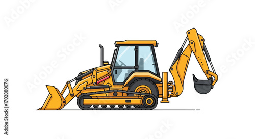 Vibrant cartoon illustration showcasing a yellow backhoe loader isolated on white background, symbolizing construction and excavation work