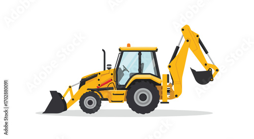 Detailed illustration of a yellow backhoe loader on a white background showcasing construction equipment design and engineering drawing
