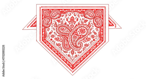 Intricate crimson bandana with classic paisley designs on a pristine white background displaying an artistic and retro flair for textile art and
