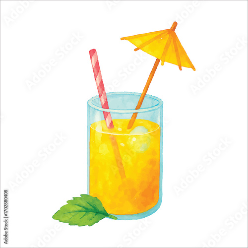 Watercolor Tropical Juice with Straw and Umbrella