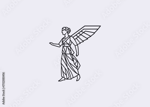 A geometric line art logo of Nike, goddess of victory, symbolizing triumph, glory, success, and honor