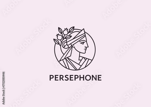 A geometric line art logo of Persephone, goddess of spring and the underworld, symbolizing rebirth, duality, growth, and mystery