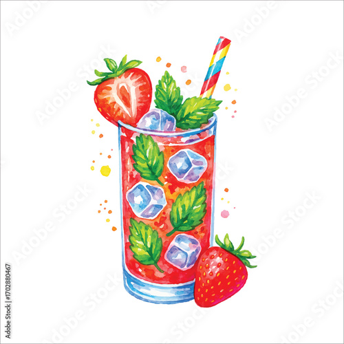 Watercolor Strawberry Mojito with Mint Leaves and Ice Cubes