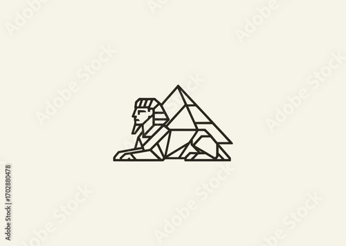 A geometric line art logo of a Sphinx with a pyramid, symbolizing mystery, ancient wisdom, strength, and guardianship
