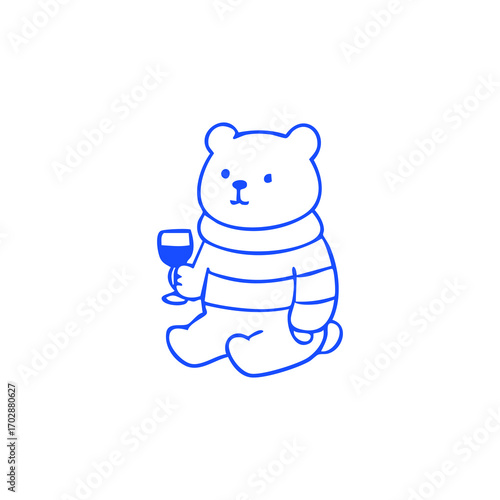 Black line drawing of a cartoon dog resting, holding a wine glass
