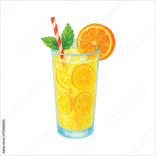 Watercolor lemonade with orange slice, mint leaves and striped straw