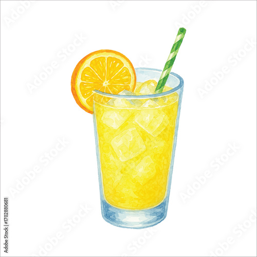 Watercolor glass of orange juice with straw and ice cubes