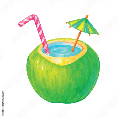 Watercolor green coconut drink with straw and umbrella