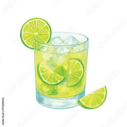Watercolor Caipirinha Cocktail with Lime Slices and Ice Cubes