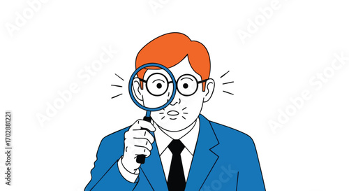 Curious businessman intensely examining something with a magnifying glass, seeking answers