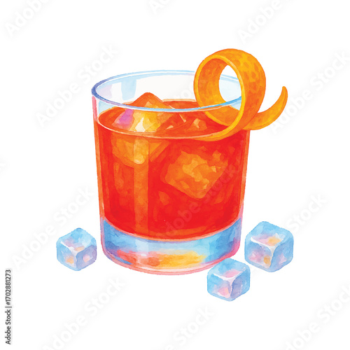 Watercolor Negroni Cocktail with Orange Peel and Ice Cubes