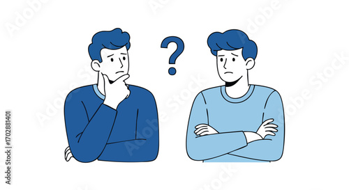 Two men ponder with a question mark between them, conveying confusion and indecision