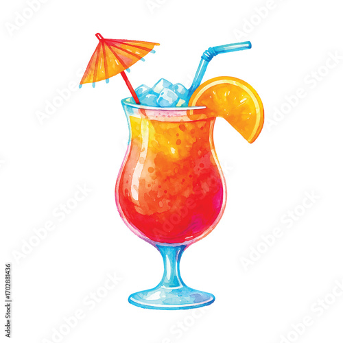 Watercolor Tropical Cocktail with Orange and Umbrella