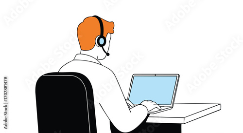 Dedicated support agent actively assisting clients via laptop and headset in a modern workspace
