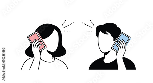 Modern business partners connect remotely, discussing ideas on mobile phones with vibrant communication.