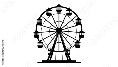 Simple black silhouette of a Ferris wheel against a white background.  A classic amusement park ride