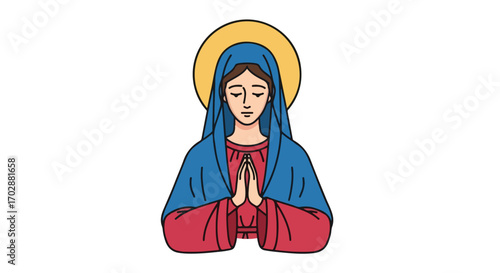 Stylized depiction of Virgin Mary with hands clasped in prayer, halo radiating, against a white background creates a serene and faithful image