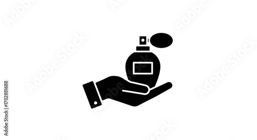 Hand holding a perfume bottle with a spray nozzle, icon representing fragrance or beauty