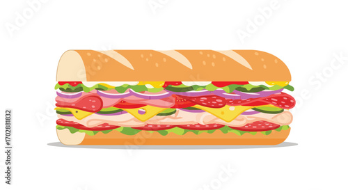 Cartoon illustration of a fully loaded submarine sandwich with fresh ingredients ready to eat for lunch or dinner on a white background