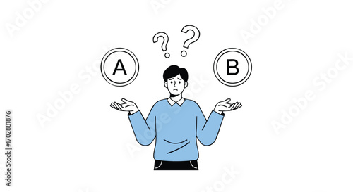 Confused person weighing options A and B with question marks overhead