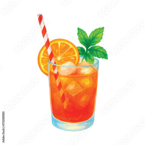 Watercolor Orange Cocktail with Ice and Mint