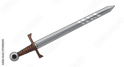 Illustration of a medieval-style sword with silver blade and brown hilt set against a plain white background offering a clean look
