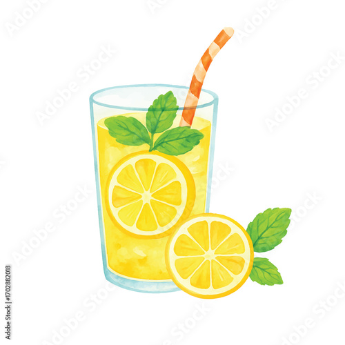 Watercolor Lemonade with Mint and Ice Cubes