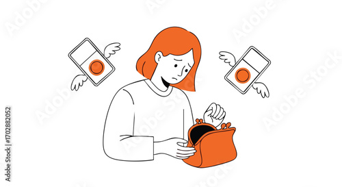 Worried woman checks empty wallet as coins with wings fly away, symbolizing financial loss