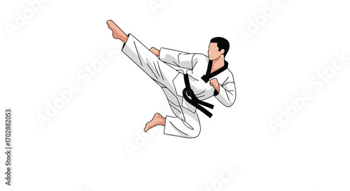 Dynamic Martial Artist Executing a Flying Kick in a White Uniform with Black Belt Illustration