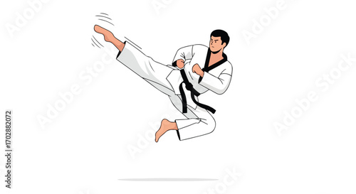 Dynamic taekwondo athlete delivering a powerful jump kick illustration, showcasing agility and precision in martial arts perfect for sports and