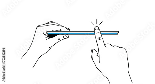 Hands interacting with a slim digital device, one finger pressing the screen for selection or activation