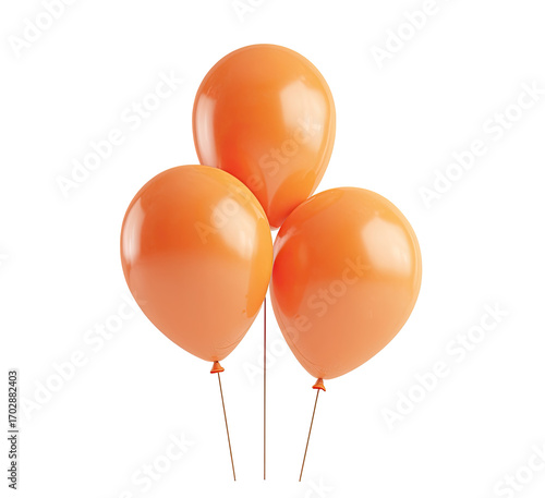 Three glossy, vibrant orange balloons clustered together, with dark brown/tan strings