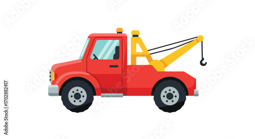 Cartoon tow truck with a red body and yellow crane designed on a clean white backdrop, suitable for children and transportation-related projects