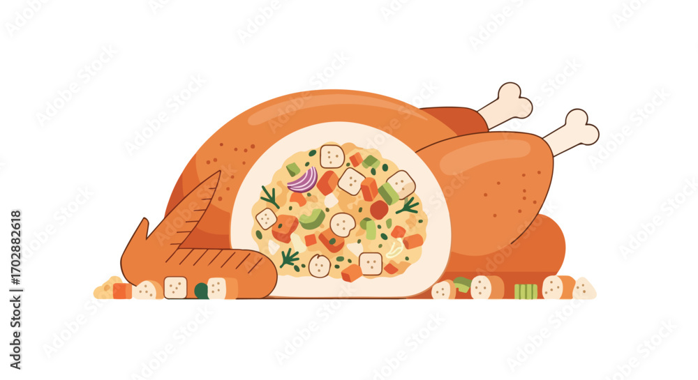 Fototapeta premium Festive poultry illustration with colorful vegetable stuffing presented in a stylized graphic,isolated on a plain background perfect for culinary