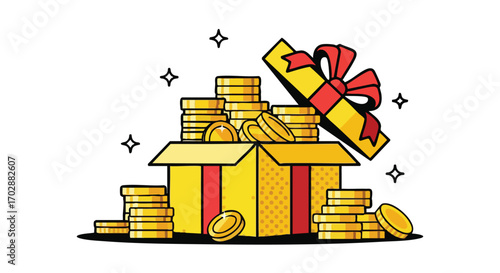 Golden coins spill from a gift box, symbolizing wealth, reward, and financial success.