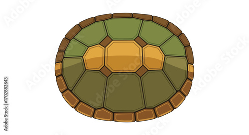 Stylized depiction of a turtle shell featuring earth-toned segmented plates on a white backdrop