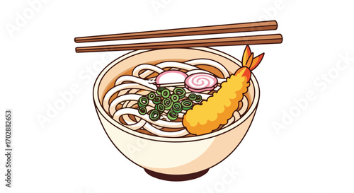 Delightful bowl of Udon noodles with a crispy tempura shrimp and fresh garnish cartoon illustration, a savory Japanese culinary experience