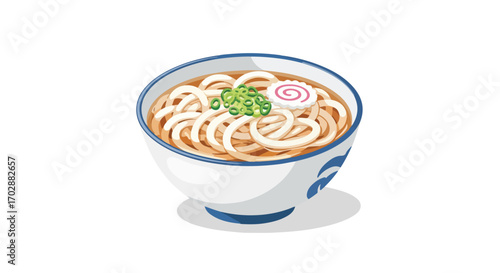 Delicious bowl of udon noodles with vibrant toppings, presented in a traditional japanese bowl that evokes a sense of comfort and culinary artistry