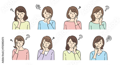 Eight diverse women expressing confusion and questioning with thoughtful poses and subtle facial expressions